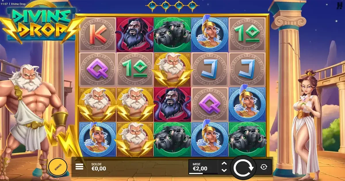 Machine &agrave; sous Divine Drop avec symboles Zeus et free spins bonus