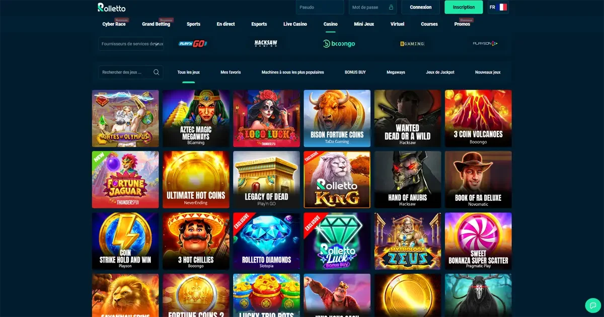Interface des machines &agrave; sous sur Rolletto Casino