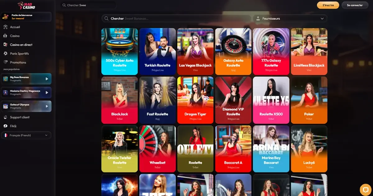 Interface du casino en direct sur MadCasino avec une s&eacute;lection de jeux live comme la roulette, le blackjack, le baccarat et le poker, anim&eacute;s par de vrais croupiers.