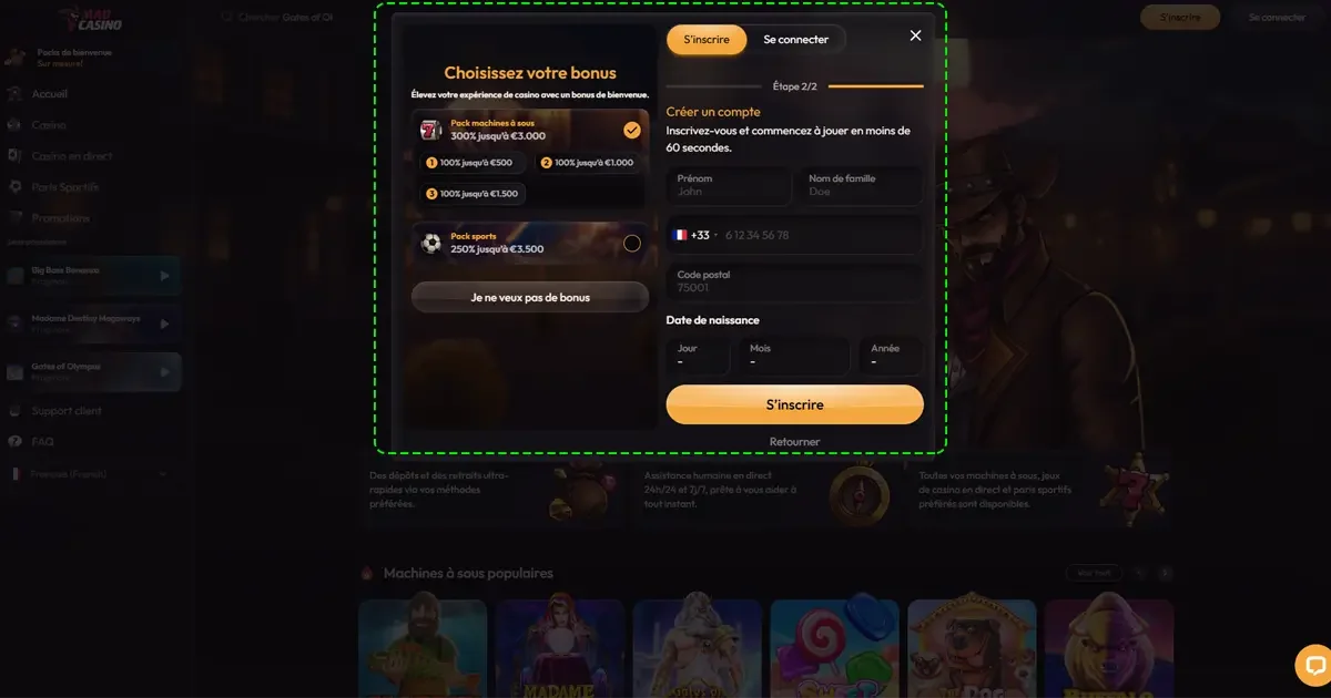 Deuxi&egrave;me &eacute;tape du formulaire d&rsquo;inscription MadCasino avec saisie des informations personnelles et s&eacute;lection du bonus de bienvenue casino ou paris sportifs.