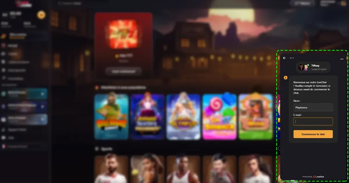 Interface de MadCasino avec fen&ecirc;tre de support en direct (LiveChat) affich&eacute;e sur la page d&rsquo;accueil, accompagn&eacute;e de jeux populaires comme Gates of Olympus et Sweet Bonanza.