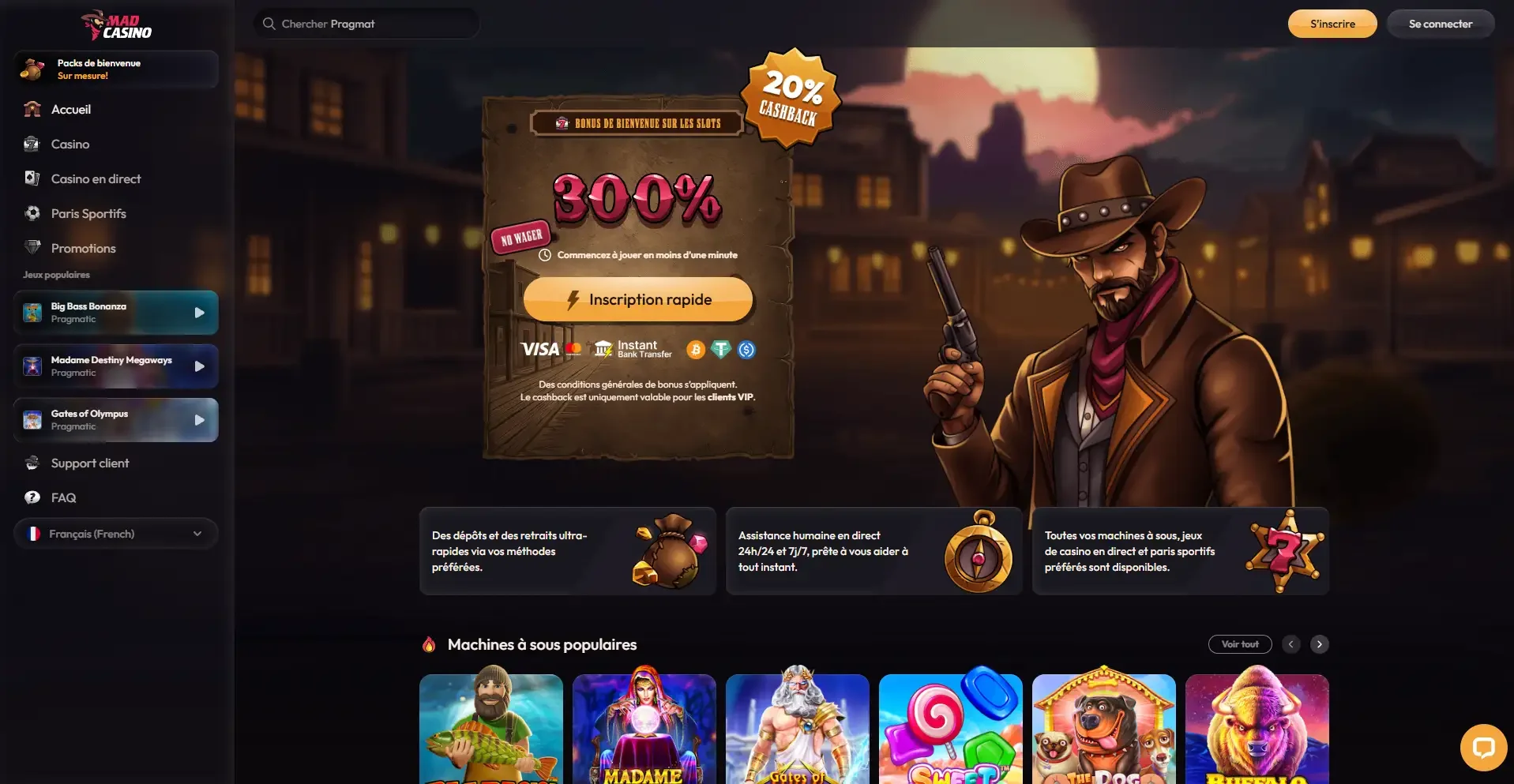 Accueil de MadCasino avec bonus de bienvenue 300 % sans wager, cashback 20 %, cow-boy arm&eacute; et interface western