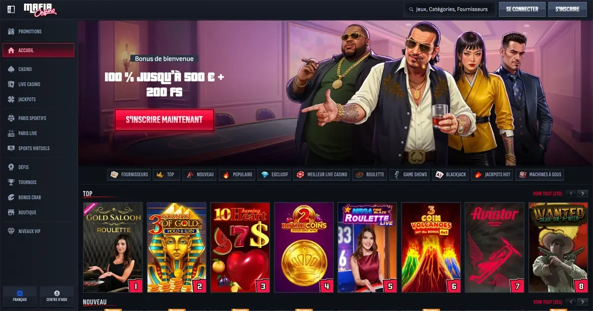 Page d'accueil du site Mafia Casino avec bonus de bienvenue et s&eacute;lection de jeux populaires