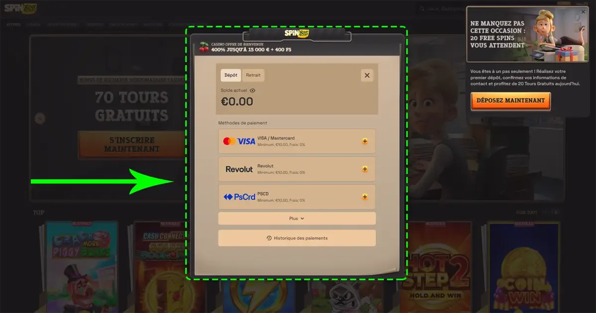 Interface m&eacute;thode de paiements spinboss casino