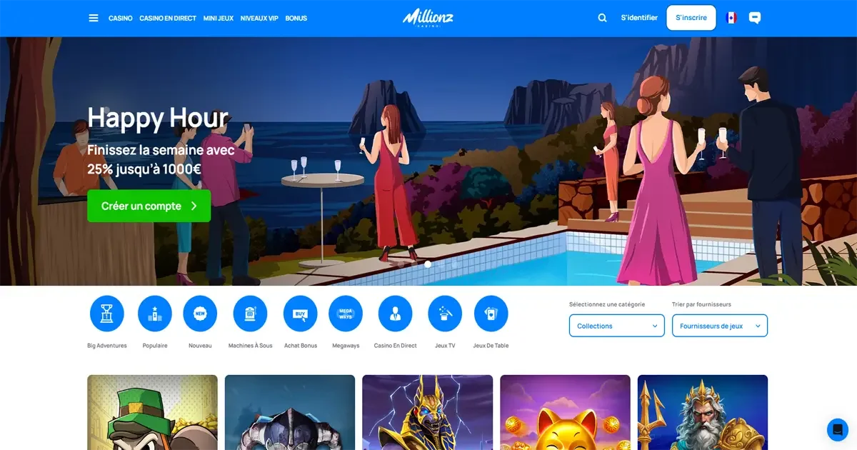 Page d&rsquo;accueil de Millionz Casino avec offre Happy Hour de 25% jusqu&rsquo;&agrave; 1000&euro; et joueurs autour d&rsquo;une piscine au coucher du soleil