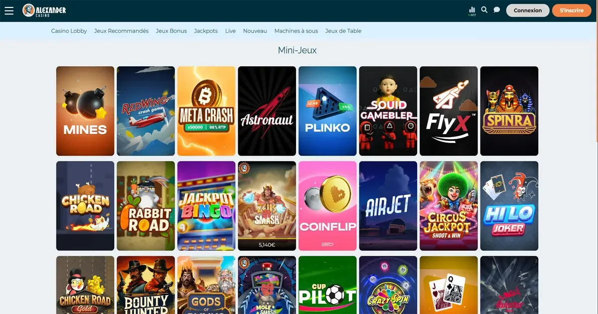 Interface des mini-jeux alexander casino