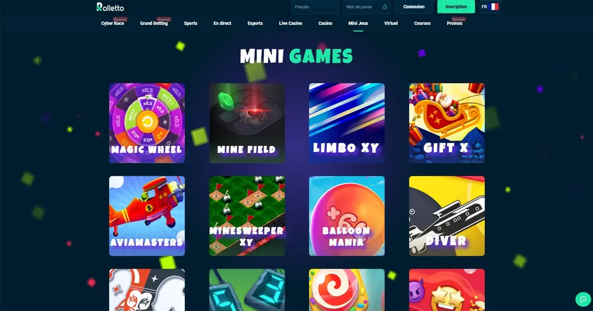 interface des mini jeux sur Rolletto Casino