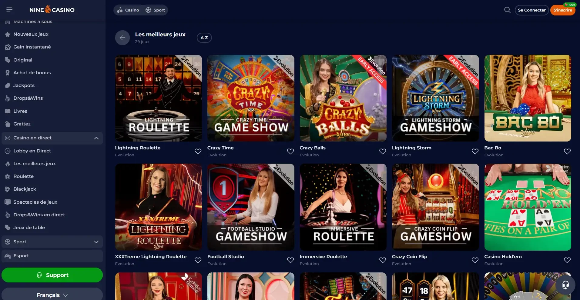 Nine casino page des jeux en direct