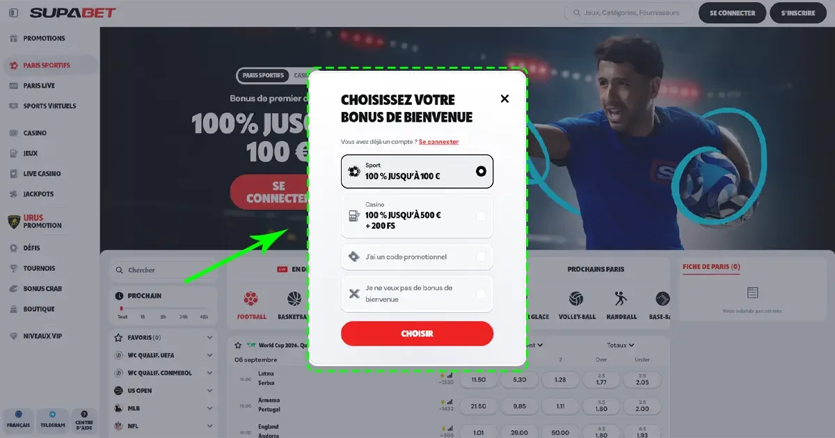 Choisir un bonus de bienvenue sur le casino en ligne Supabet avec offre 100% jusqu'&agrave; 100&euro; ou 100% jusqu'&agrave; 500&euro; + 200 free spins