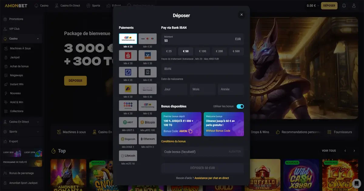 Fen&ecirc;tre de d&eacute;p&ocirc;t AmonBet affichant les m&eacute;thodes de paiement, montants disponibles et bonus de bienvenue