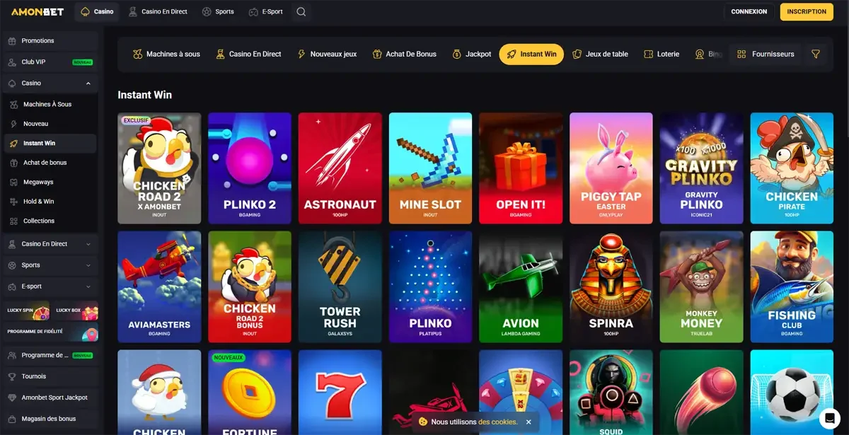 Interface des mini jeux amonbet casino