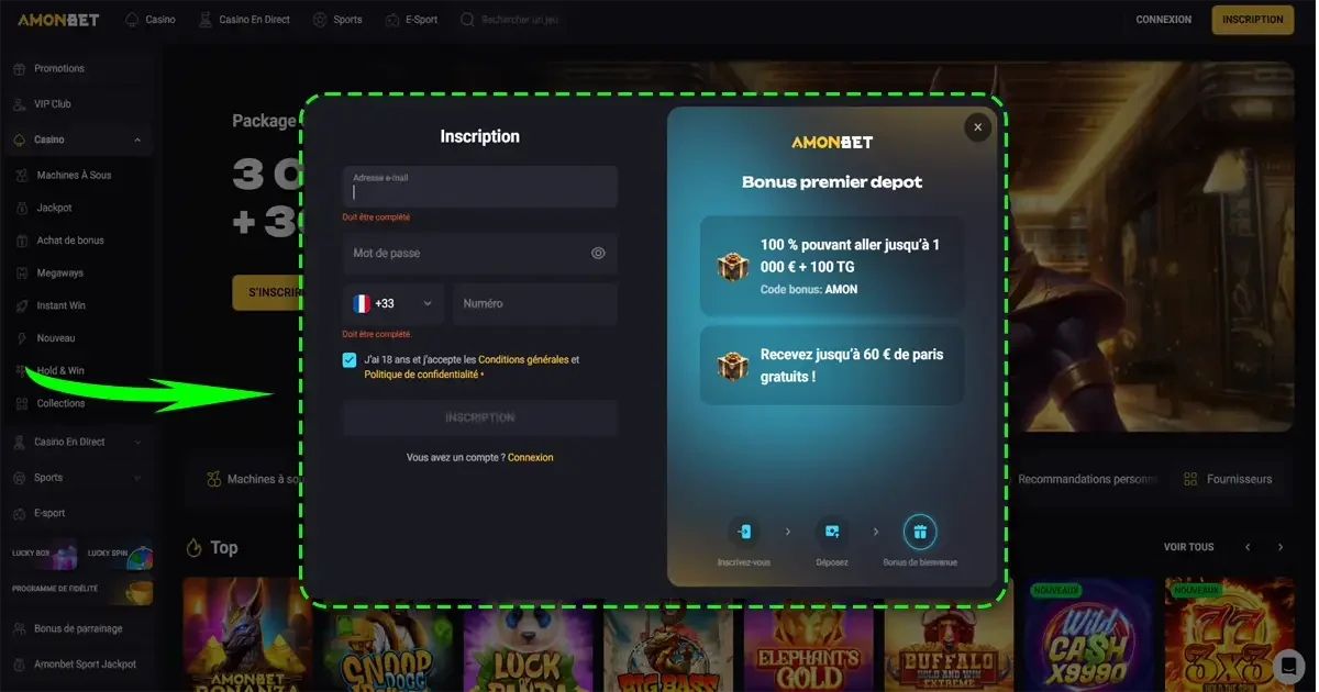 Fen&ecirc;tre d&rsquo;inscription AmonBet avec formulaire de cr&eacute;ation de compte et aper&ccedil;u du bonus premier d&eacute;p&ocirc;t 1 000 &euro; + 100 tours gratuits