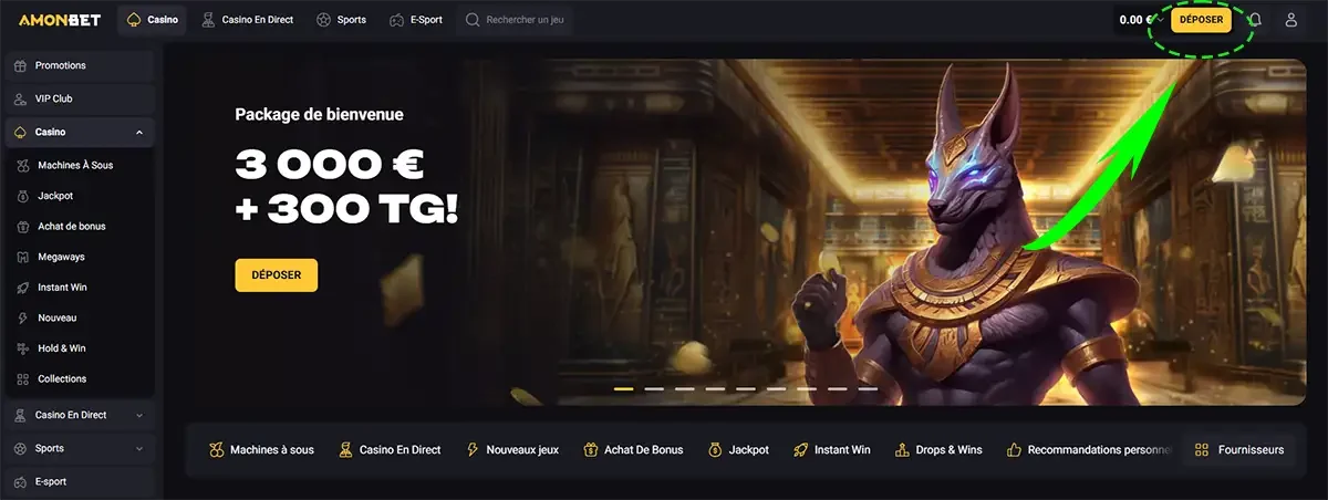 Offre de bienvenue AmonBet 3 000 &euro; et 300 tours gratuits avec mise en avant du bouton D&eacute;poser