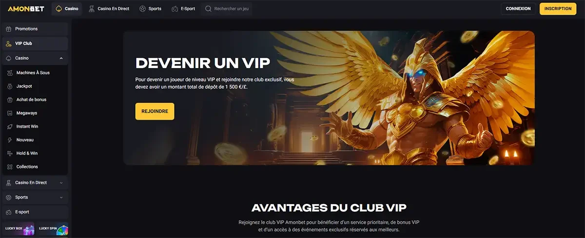 Banni&egrave;re VIP AmonBet pr&eacute;sentant le programme VIP et ses avantages exclusifs pour les joueurs