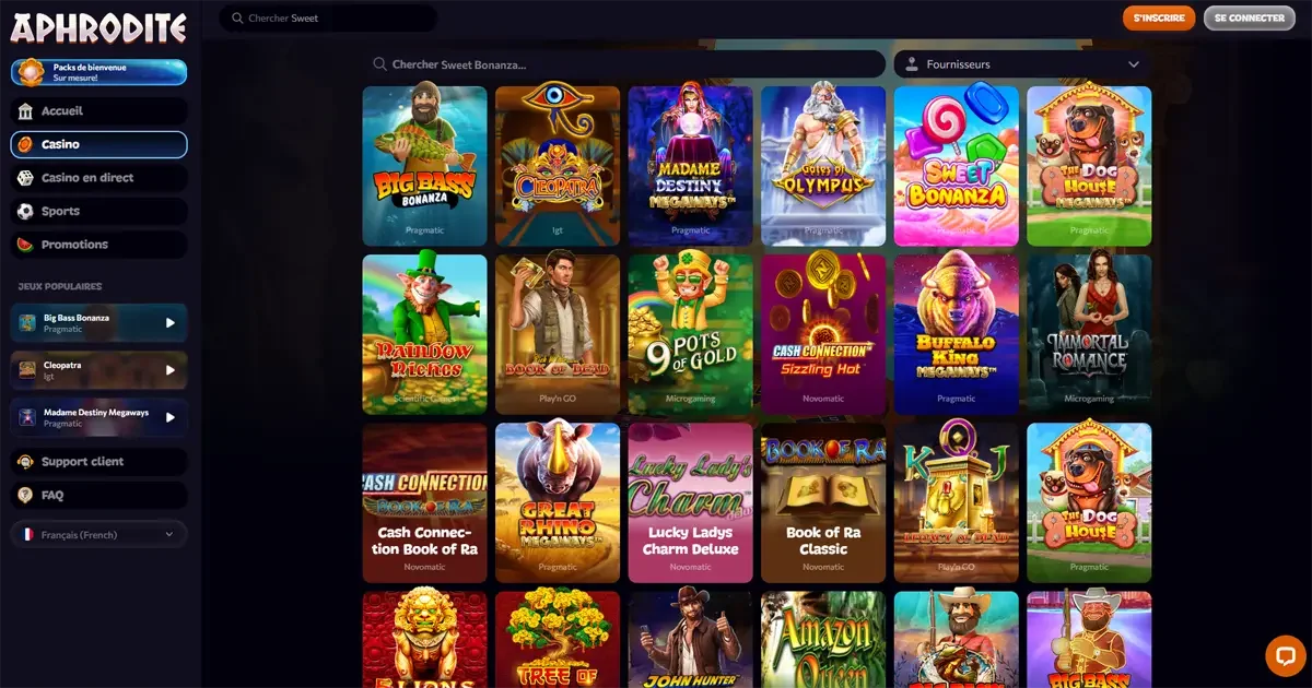 Capture d&rsquo;&eacute;cran du site Aphrodite Casino montrant l&rsquo;offre de bienvenue sur les machines &agrave; sous avec cinq bonus progressifs allant jusqu&rsquo;&agrave; 1 500 &euro;