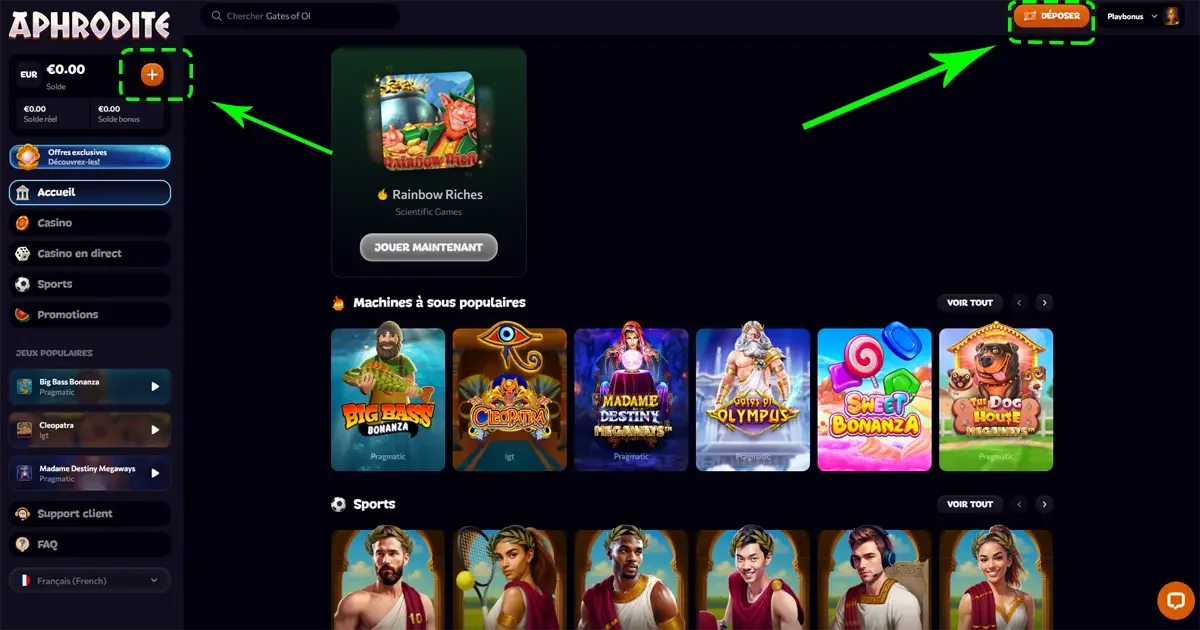 Interface du tableau de bord Aphrodite Casino avec solde joueur et bouton d&eacute;p&ocirc;t