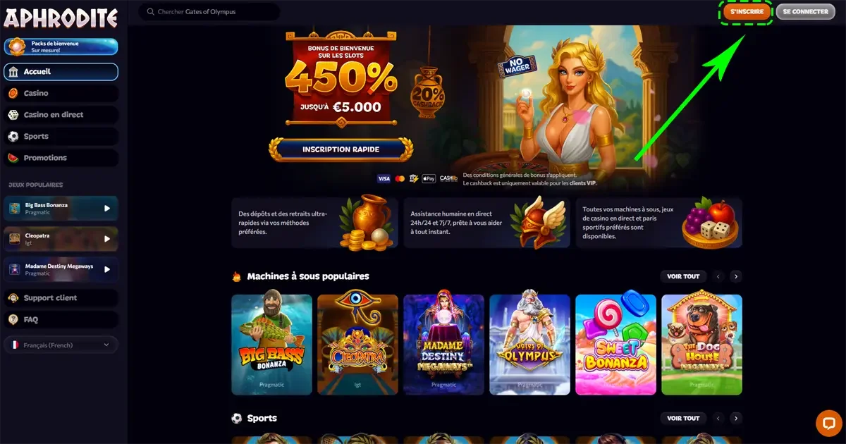 Page d&rsquo;accueil Aphrodite Casino avec bouton d'inscription et bonus de bienvenue 450 % jusqu&rsquo;&agrave; 5 000 &euro;