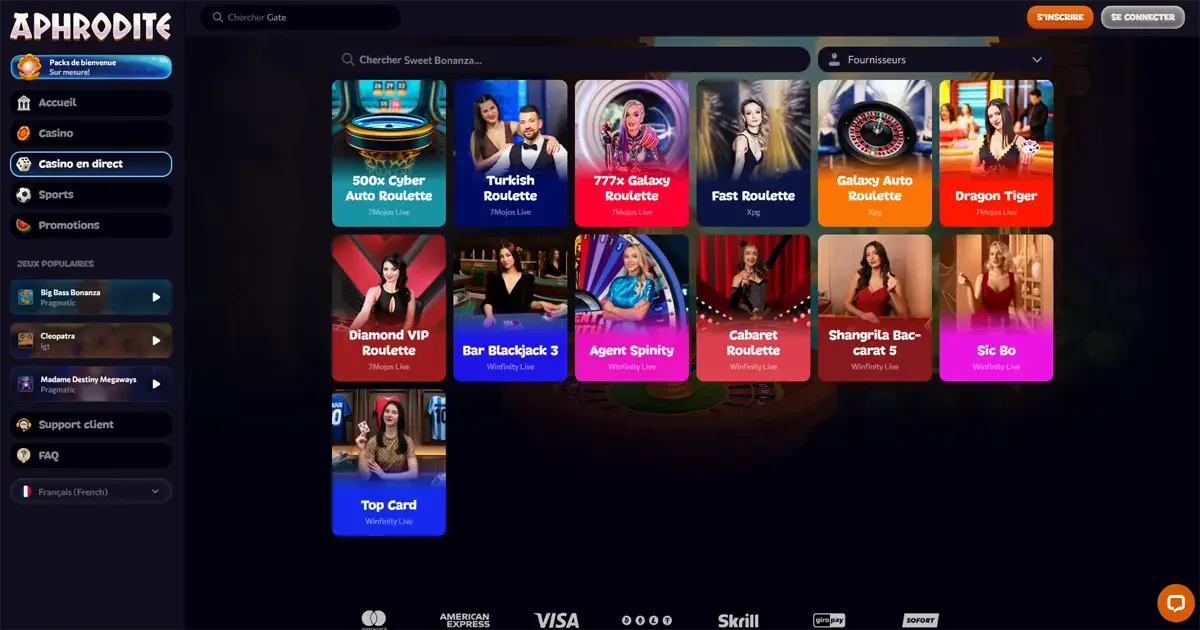 Aper&ccedil;u du lobby live d&rsquo;Aphrodite Casino avec roulette, blackjack, baccarat et jeux de cartes