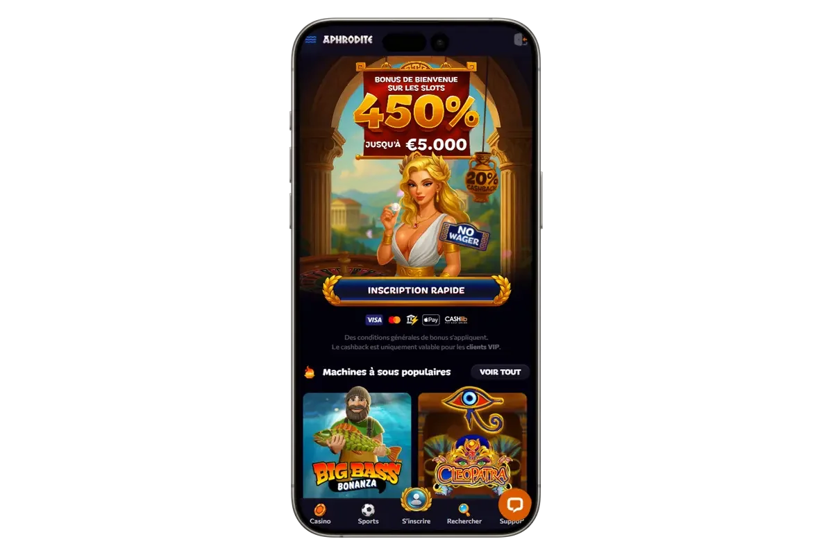 Aper&ccedil;u mobile d&rsquo;Aphrodite Casino avec bonus de bienvenue 450 % jusqu&rsquo;&agrave; 5 000 &euro;