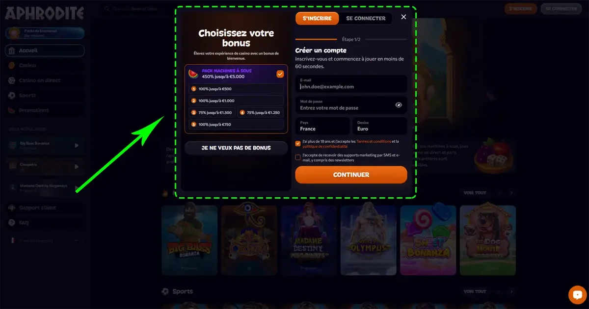 Formulaire d&rsquo;inscription Aphrodite Casino avec choix du bonus de bienvenue jusqu&rsquo;&agrave; 5 000 &euro;