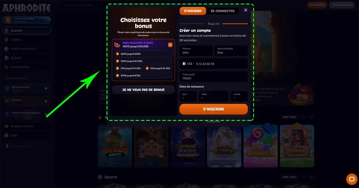 Formulaire d&rsquo;inscription Aphrodite Casino &eacute;tape 2 avec s&eacute;lection du bonus de bienvenue