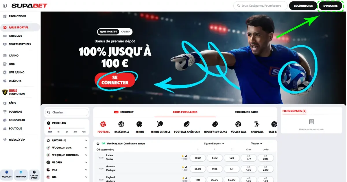 Bouton d'inscription supabet casino en ligne