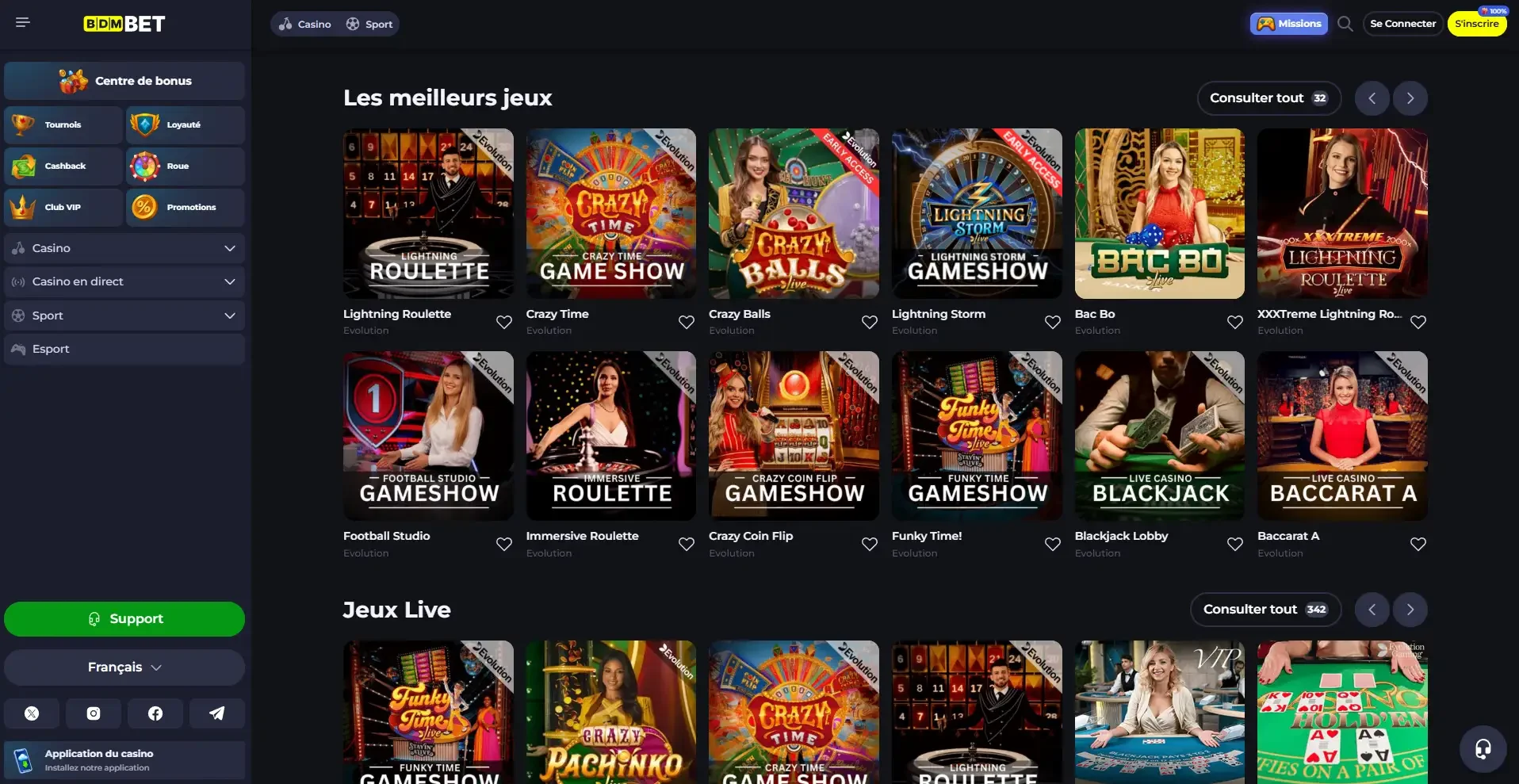 Page des jeux en live du casino en ligne