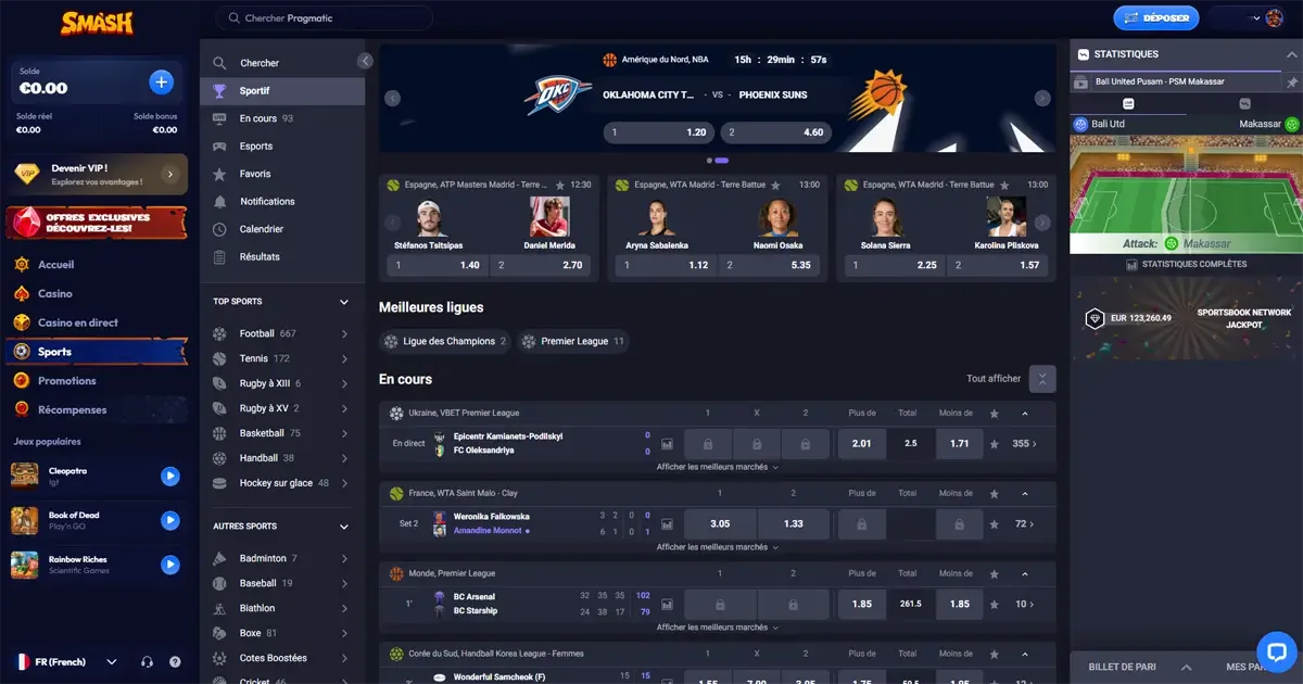 Interface du bookmaker de smashcasino (paris sportifs)