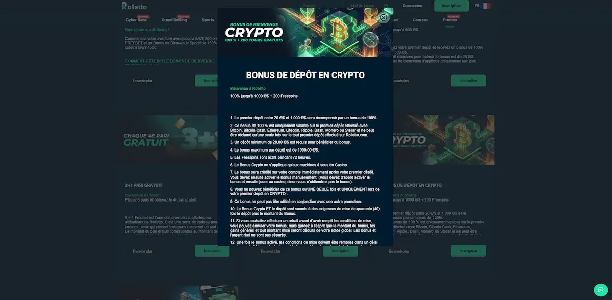 Le bonus de bienvenue crypto sur Rolletto casino