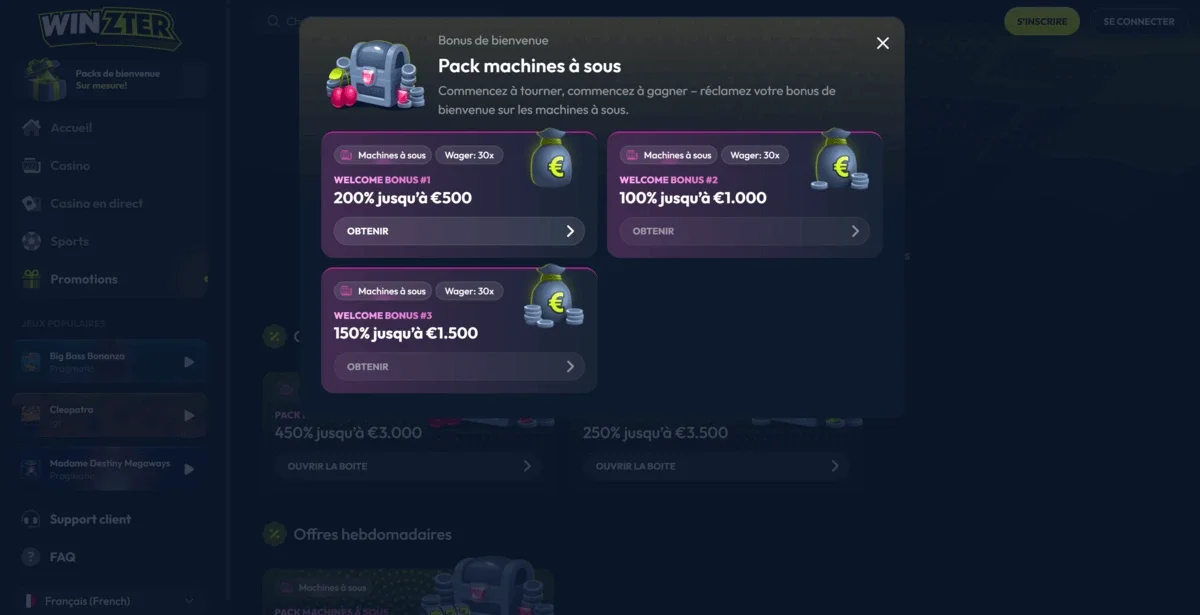 Capture des bonus machines &agrave; sous de Winzter affichant les offres 200% jusqu&rsquo;&agrave; 500&euro;, 100% jusqu&rsquo;&agrave; 1 000&euro; et 150% jusqu&rsquo;&agrave; 1 500&euro;.