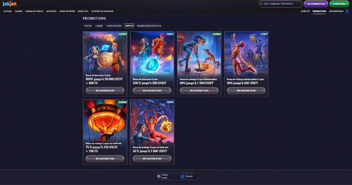 Les bonus de bienvenue crypto sur Lolajack casino