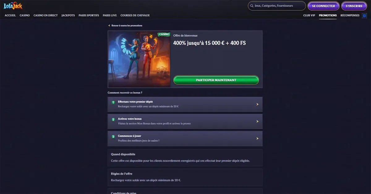 Bonus de bienvenue du casino en ligne LolaJack