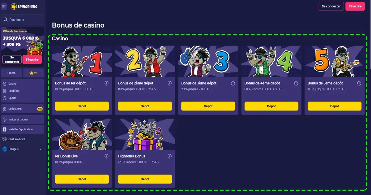 Les diff&eacute;rents bonus de casino sur Spinorhino casino