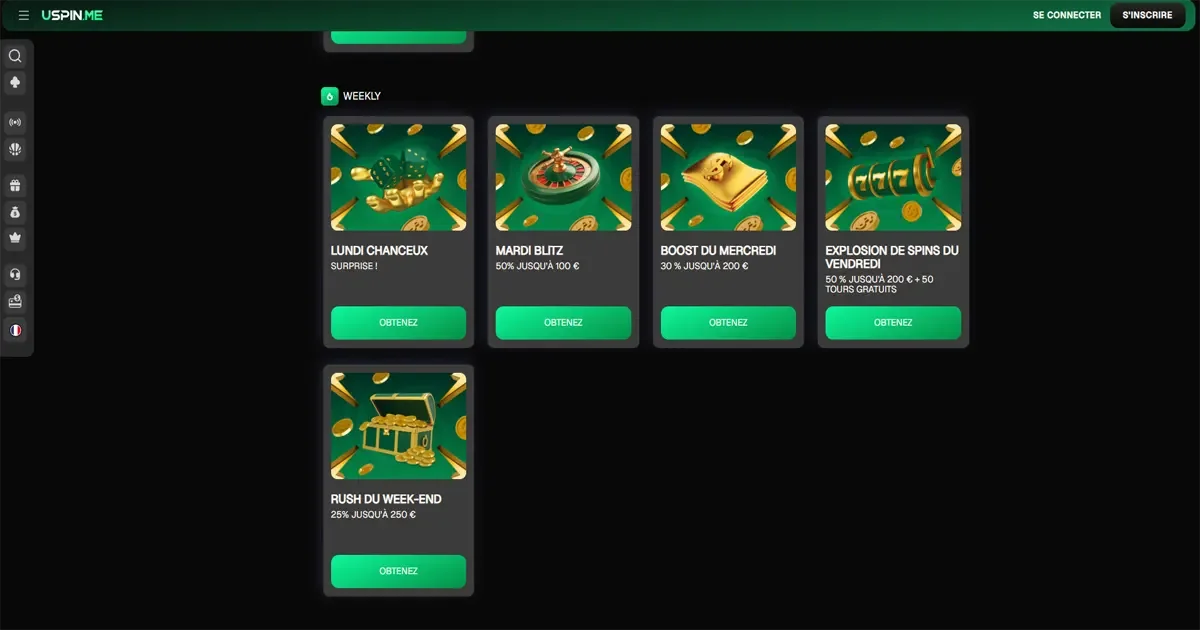 Bonus et promotions r&eacute;guli&egrave;res de uspin.me casino