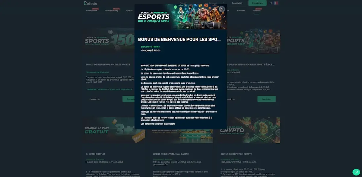 Le bonus esport sur le casino Rolletto
