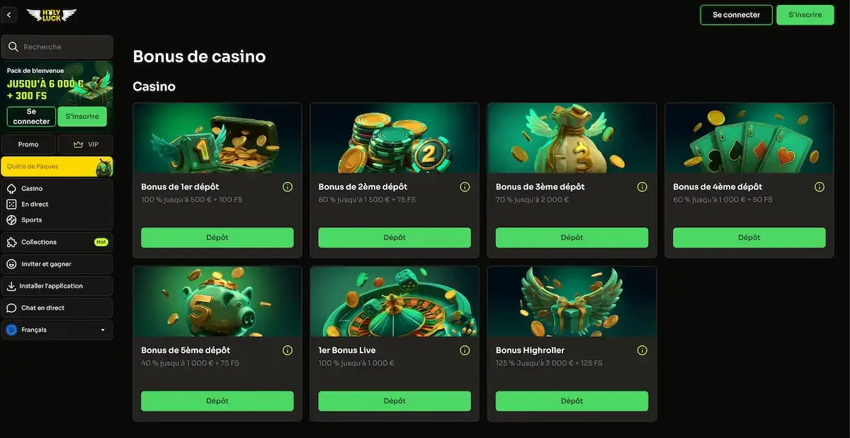 Bonus et promotions du casino en ligne Holyluck