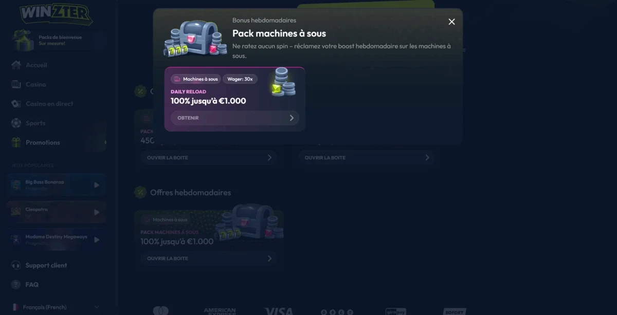 Bonus hebdomadaire machines &agrave; sous de Winzter affichant l&rsquo;offre 100% jusqu&rsquo;&agrave; &euro;1.000