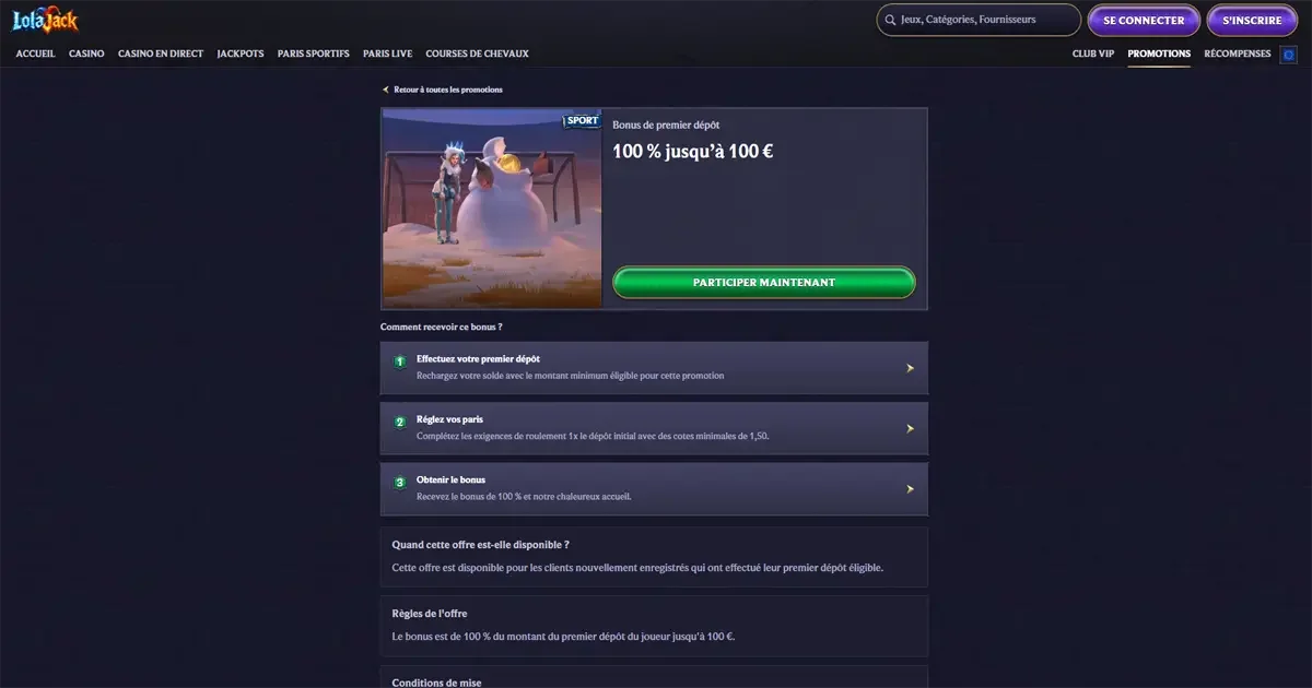 Bonus de premier d&eacute;pot sport sur le casino en ligne LolaJack