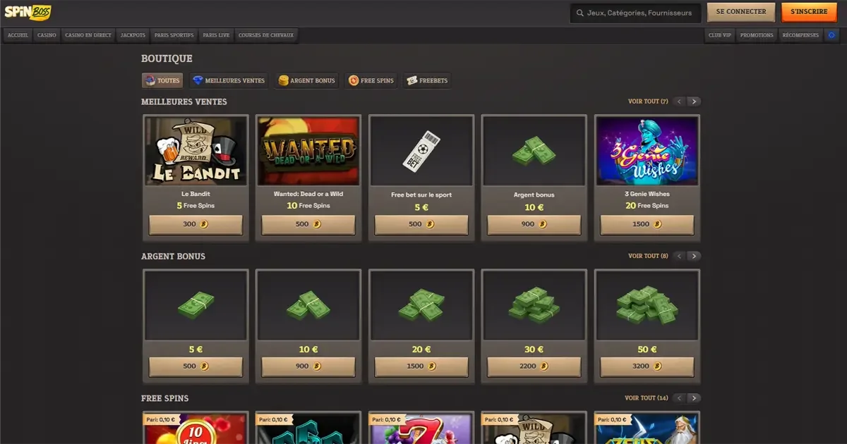 La boutique du casino en ligne spinboss avec les r&eacute;compenses