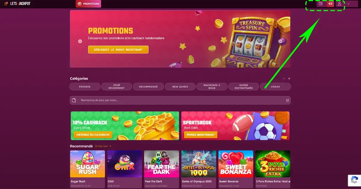 bouton pour d&eacute;poser de l'argent letsjackpot