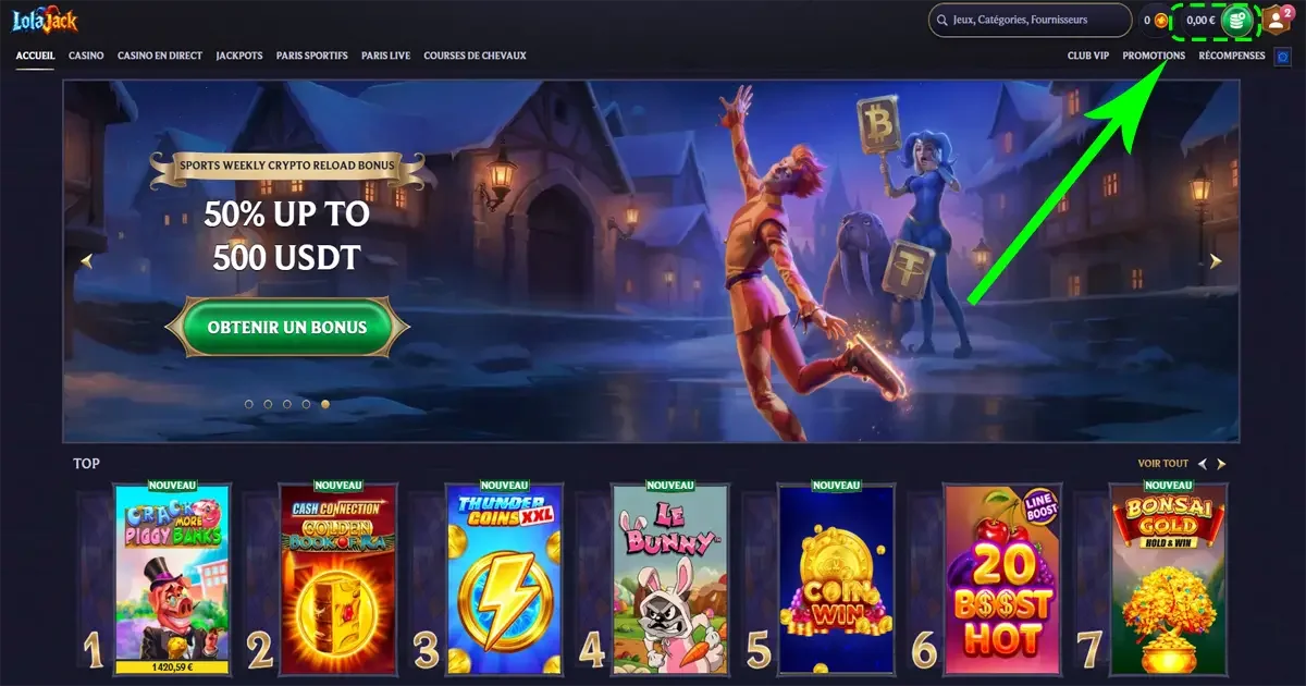 Bouton pour d&eacute;poser de l'argent sur lola jack casino