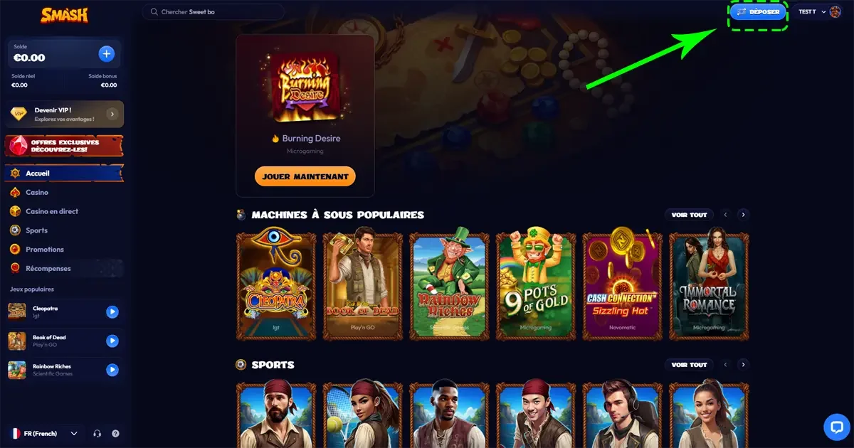 Bouton pour d&eacute;poser de l'argent sur Smash casino