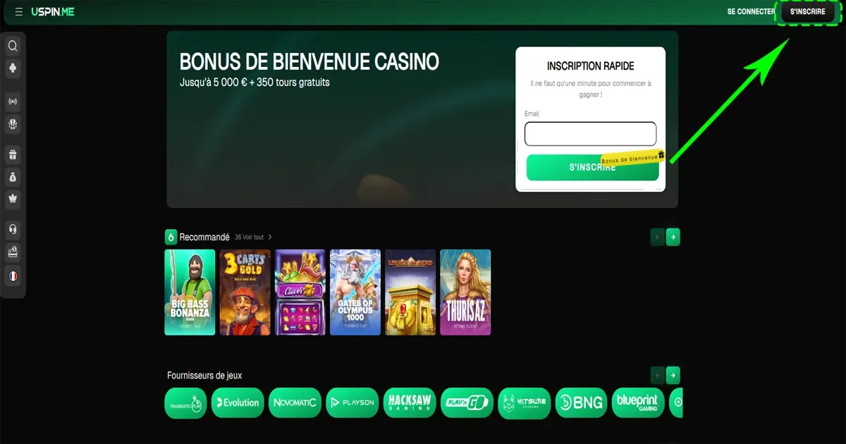 Bouton s'inscire sur le casino en ligne Uspin.me