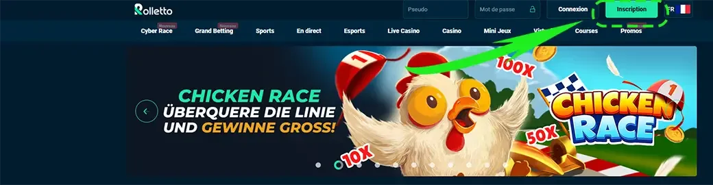 Bouton d'inscription sur le casino en ligne Rolletto
