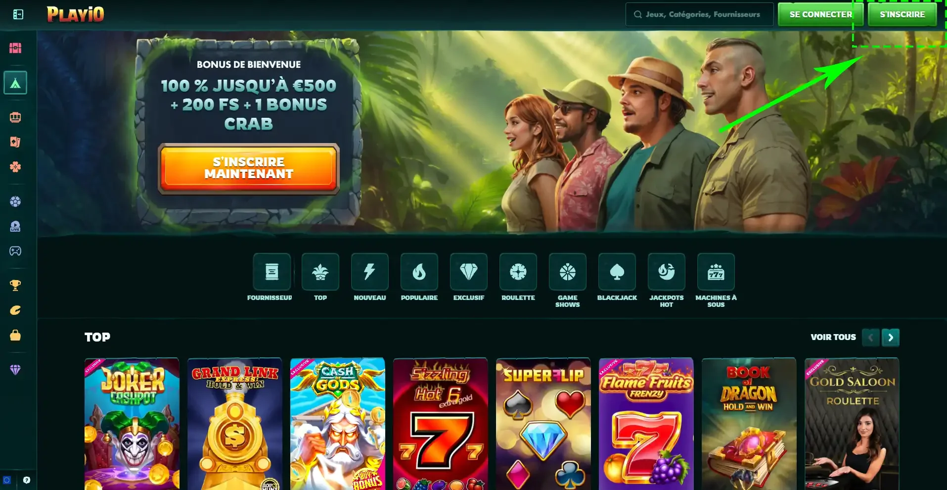 Bouton pour s'inscrire sur le casino en ligne Playio