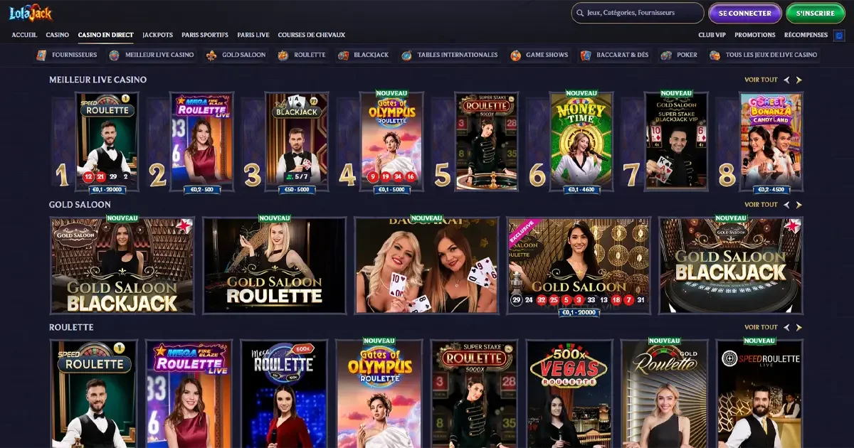 Interface du casino en ligne lolajack avec sa section de live casino