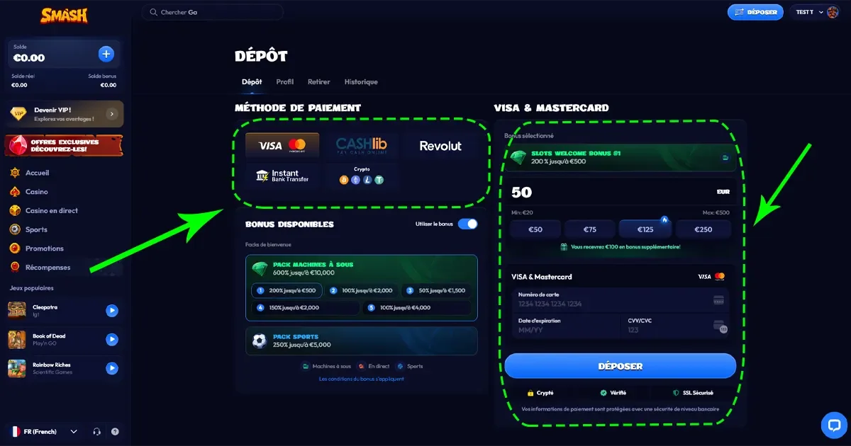 Page pour d&eacute;poser sur smash casino, choix m&eacute;thode de paiement et montant