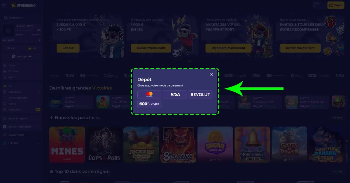 Les diff&eacute;rentes m&eacute;thodes de paiements (d&eacute;pot) sur spinorhino casino