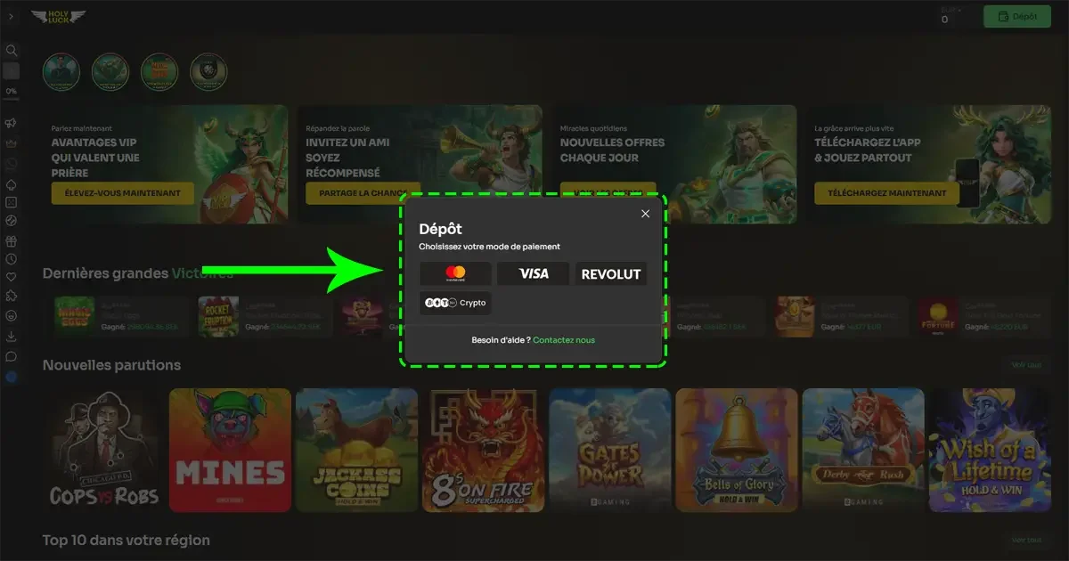 Les m&eacute;thodes de paiements sur le casino en ligne Holyluck