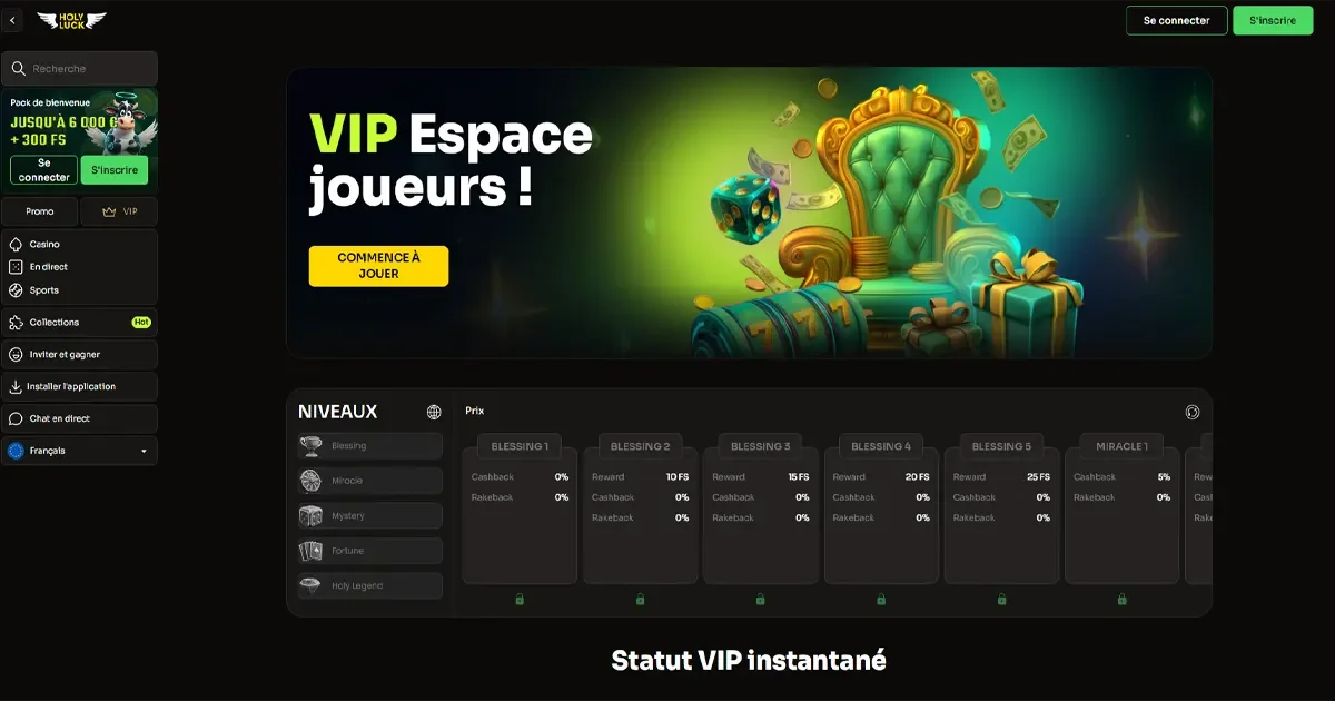 Club VIP du casino en ligne Holyluck
